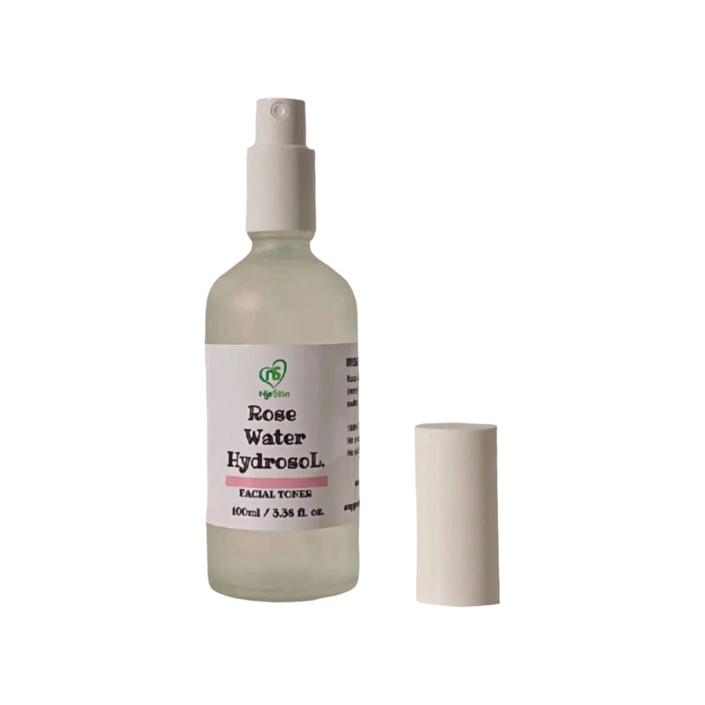 100ml frosted glass sprayer bottle with rose water hydrosol on a white clear background.