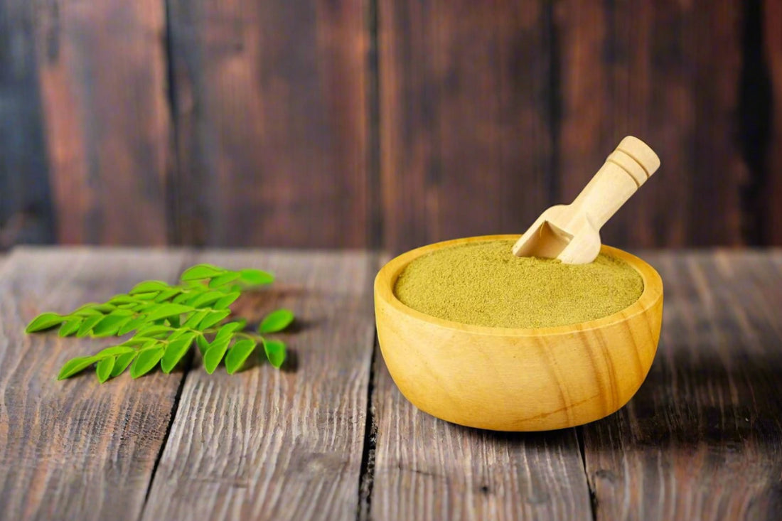 Dried moringa powder in a wooden bowl on a rustic wooden background know for its skin-enhancing properties.   