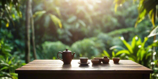  A Tea kettle with a few cups on a wooden table with trees in the background