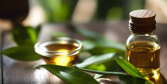 tea oil in a small glass jar with a few green leaves on a wooden table